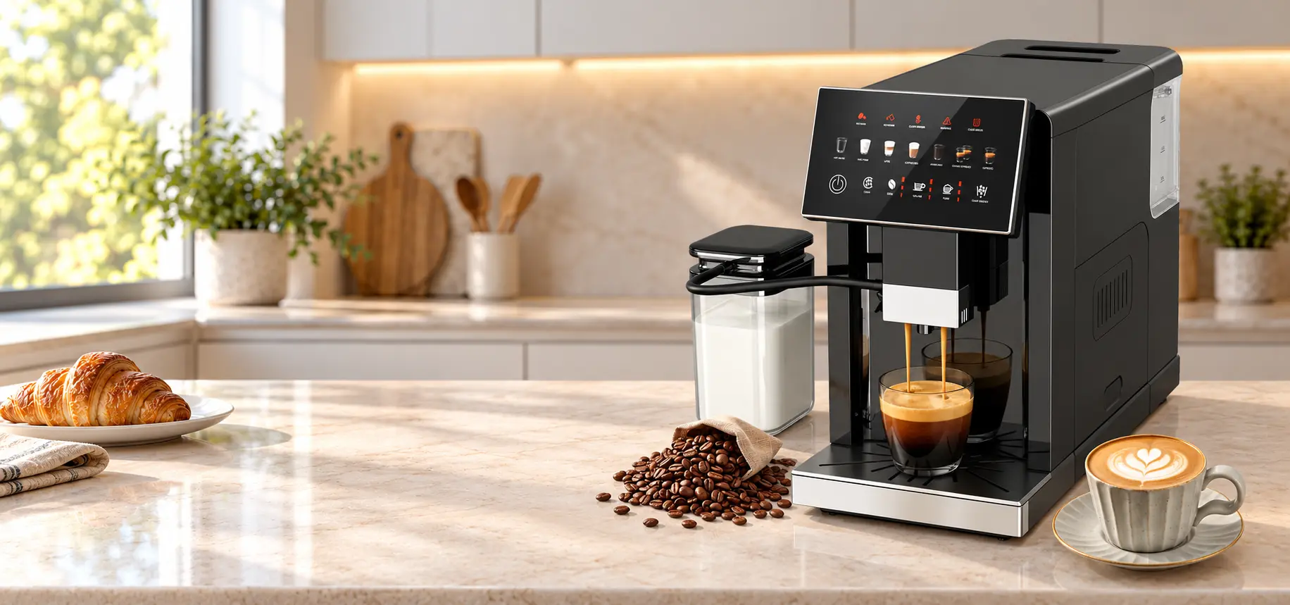 Kismile espresso machine with built-in grinder, touch controls and milk frother on a kitchen countertop