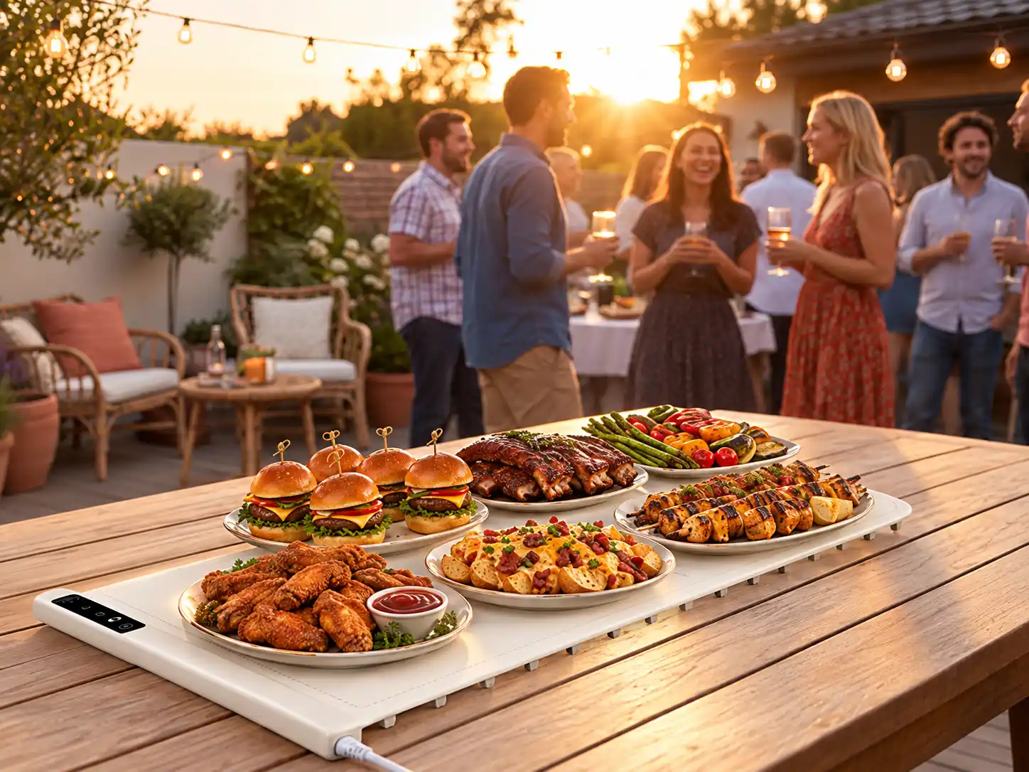 Kismile food warming mat with shared dishes on an outdoor dining table