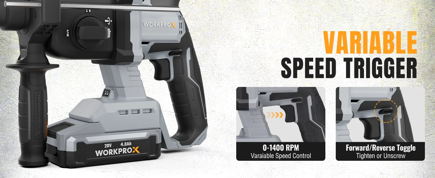 Cordless power drill with variable speed trigger, forward reverse toggle, and 0 to 1400 RPM control
