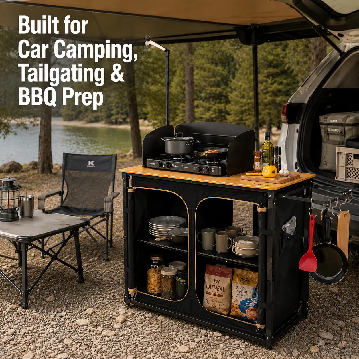 KingCamp Bamboo Camping Kitchen Table with Lantern Stand