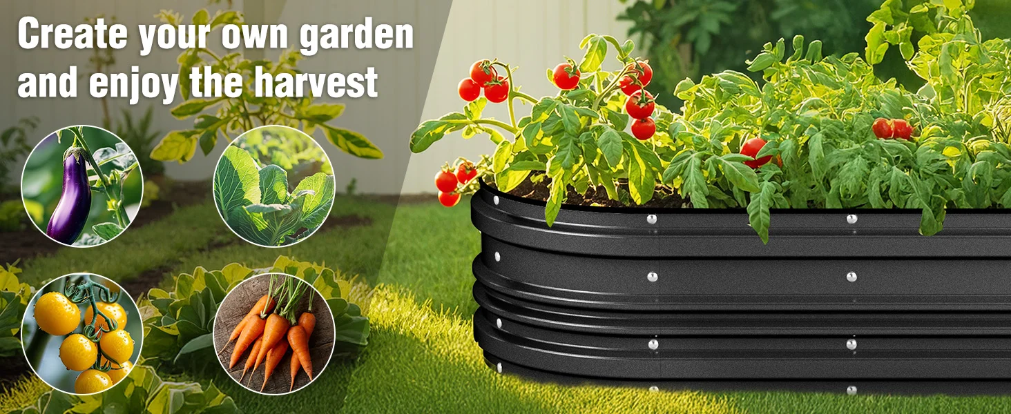 Garden bed with green plants and tomatoes, with raindrops on black metal, text about creating a garden