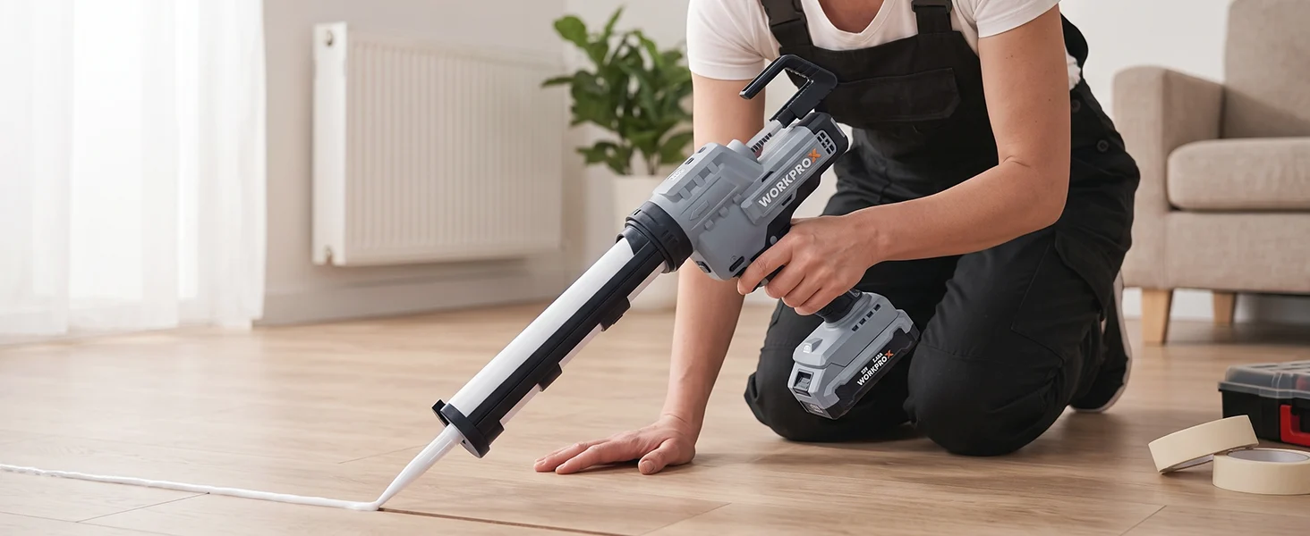 Worker kneeling indoors using a cordless caulking gun and tool belt, with innovation and quality focus