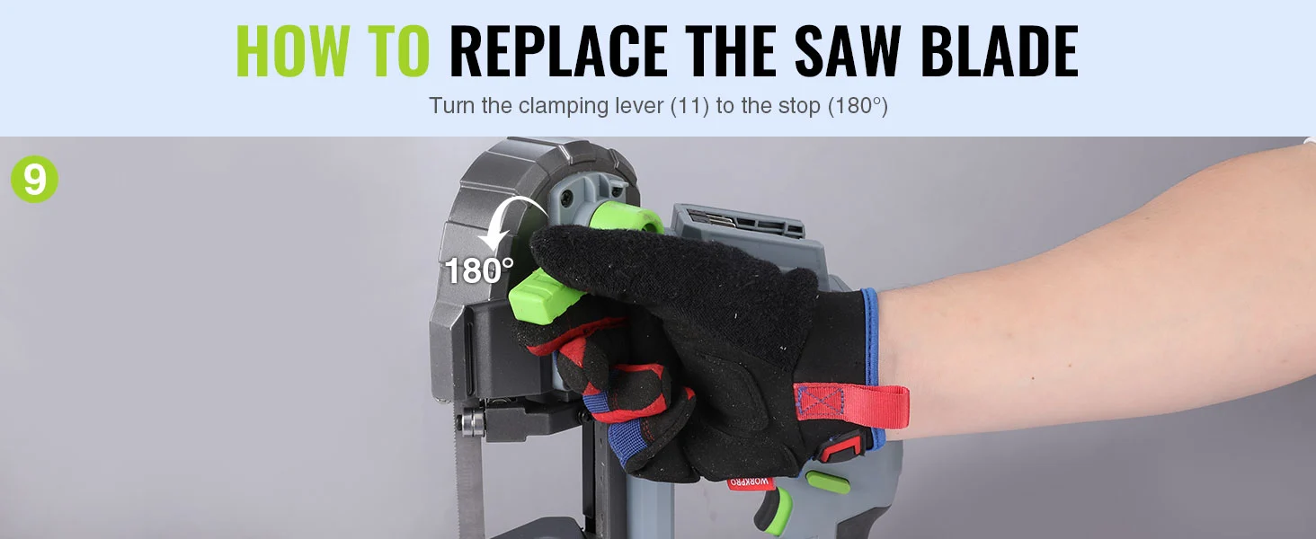 Gloved hand turning the clamping lever on a saw blade, with 180 degree stop shown in instructional text