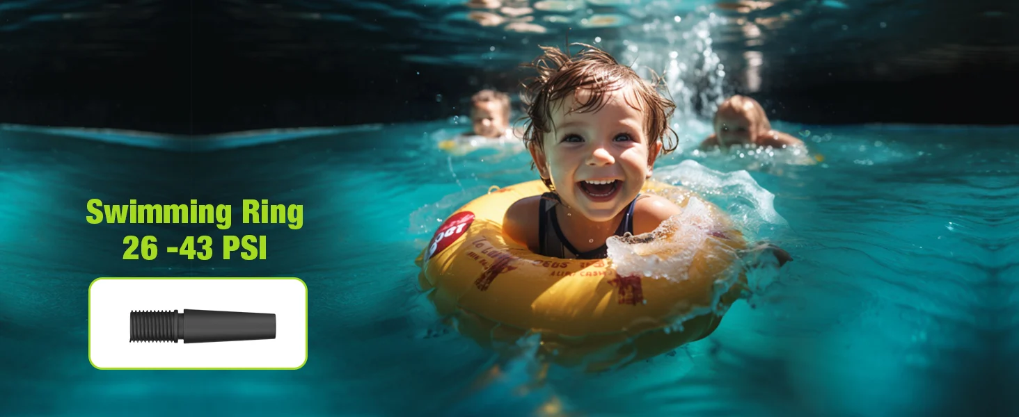 Child in a yellow swimming ring in a pool, with visible text about Swimming Ring 26 to 43 PSI