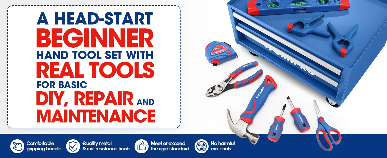 Blue tool set box with hand tools, and text reading innovation, quality, high-quality, secure, durable, convenient