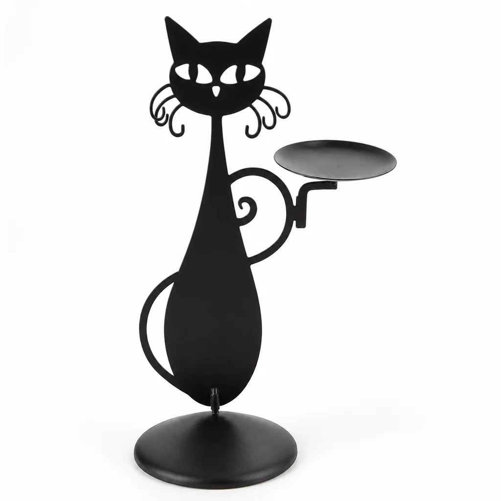 Cat-Shaped Metal Candle Holder with Wax-Collecting Base