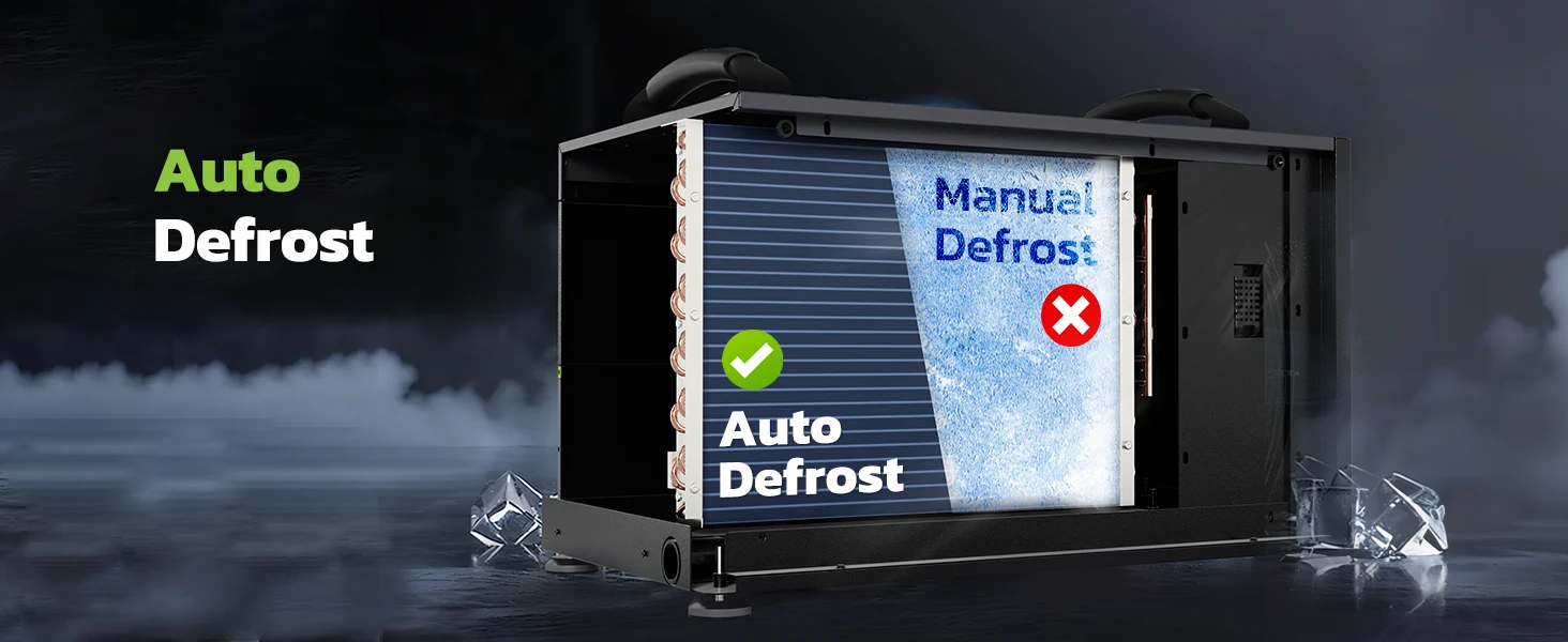 Auto defrost system unit with a heating panel, showing Auto Defrost text and a blue frosted surface