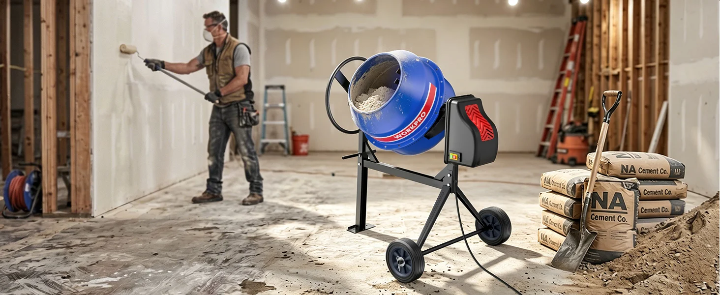 Concrete mixer in a workshop with innovation and quality visible, plus durable materials and secure wheels