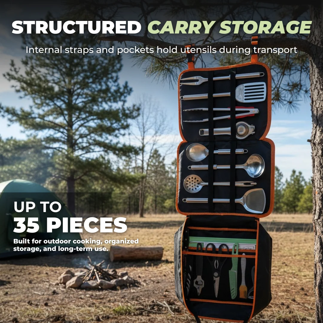 Outdoor Cooking Utensil Set with Stainless Steel Tools & Travel Bag