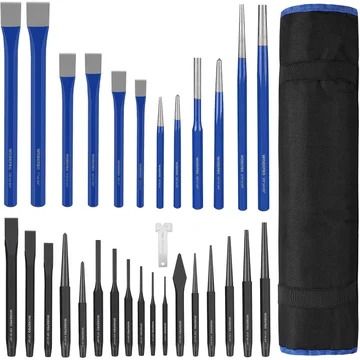 WORKPRO 30 PCS Heavy Duty Punch and Chisel Set with Roll Pouch, Cold & Cape Chisel, Center, Pin & Taper Punch, and Gauge, Blackened and Painted Finish for Durability