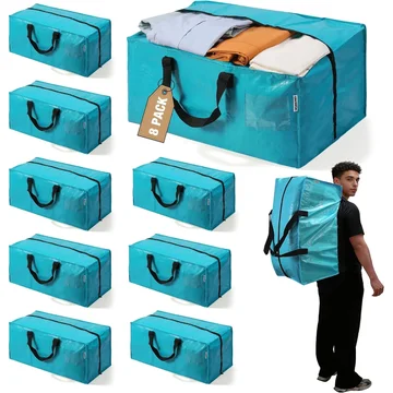 WORKPRO 8 Pack Extra Large Moving Bags with Zippers & Carrying Handles Backpack Straps, Heavy-Duty Storage Tote for Space Saving Moving Storage (Blue)