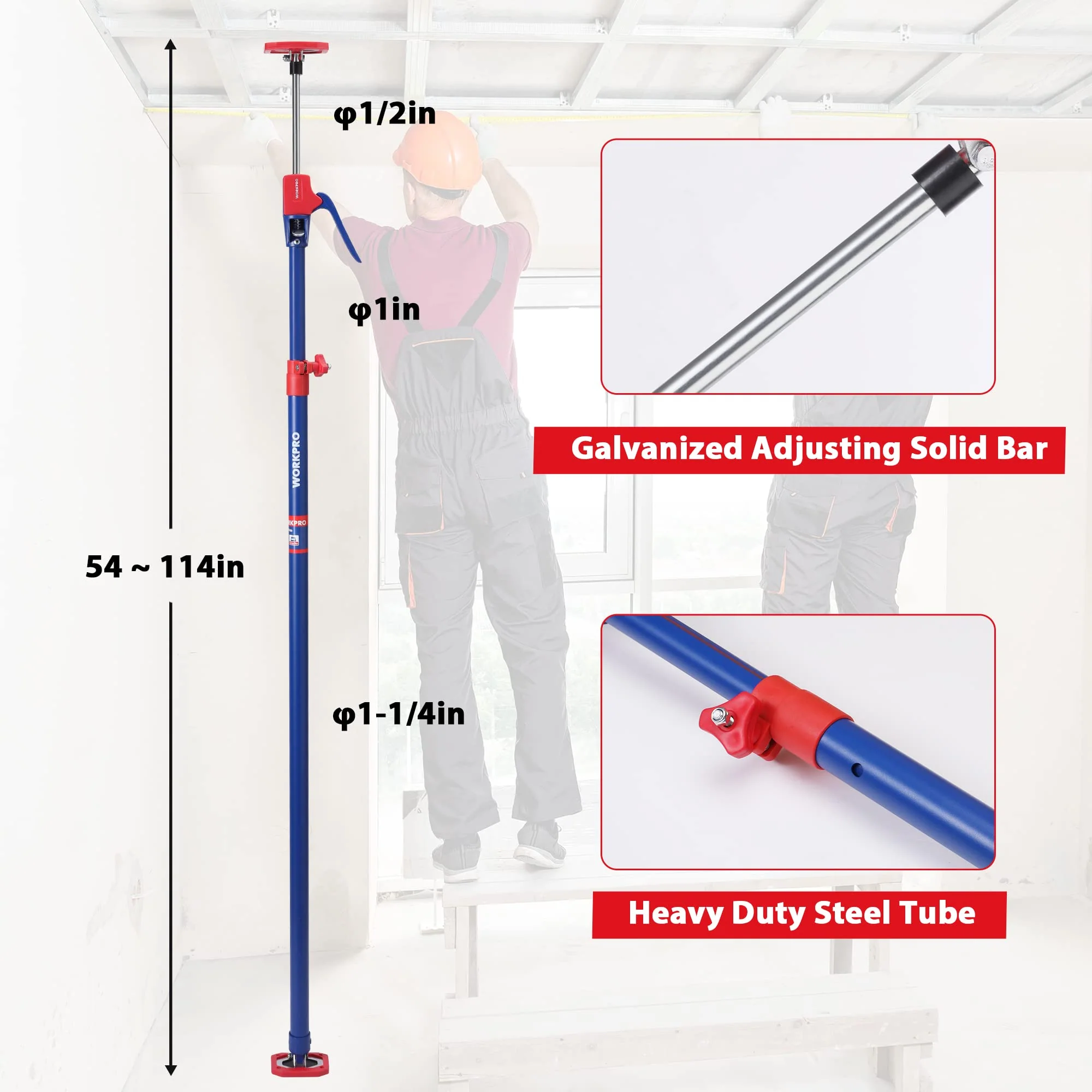WORKPRO Cabinet Jack Support Pole, 54-114 in Adjustable, 154 lbs, 4-Pack - Image 2