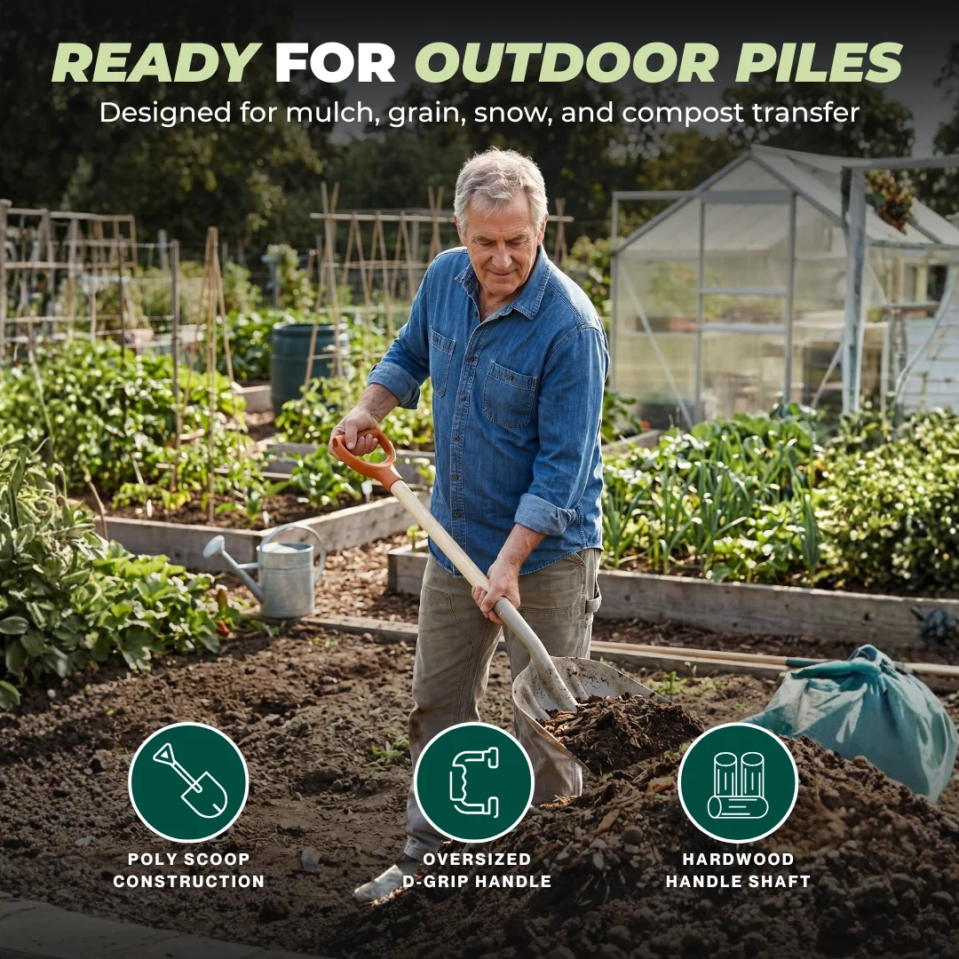 Wide Poly Scoop Shovel with Hardwood Handle for Backyard Work