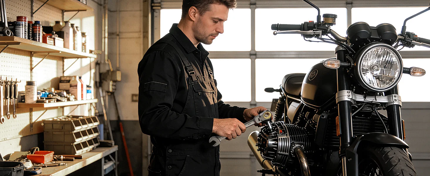Mechanic in a workshop tightening a motorcycle part, innovation and quality shown through careful work and tools