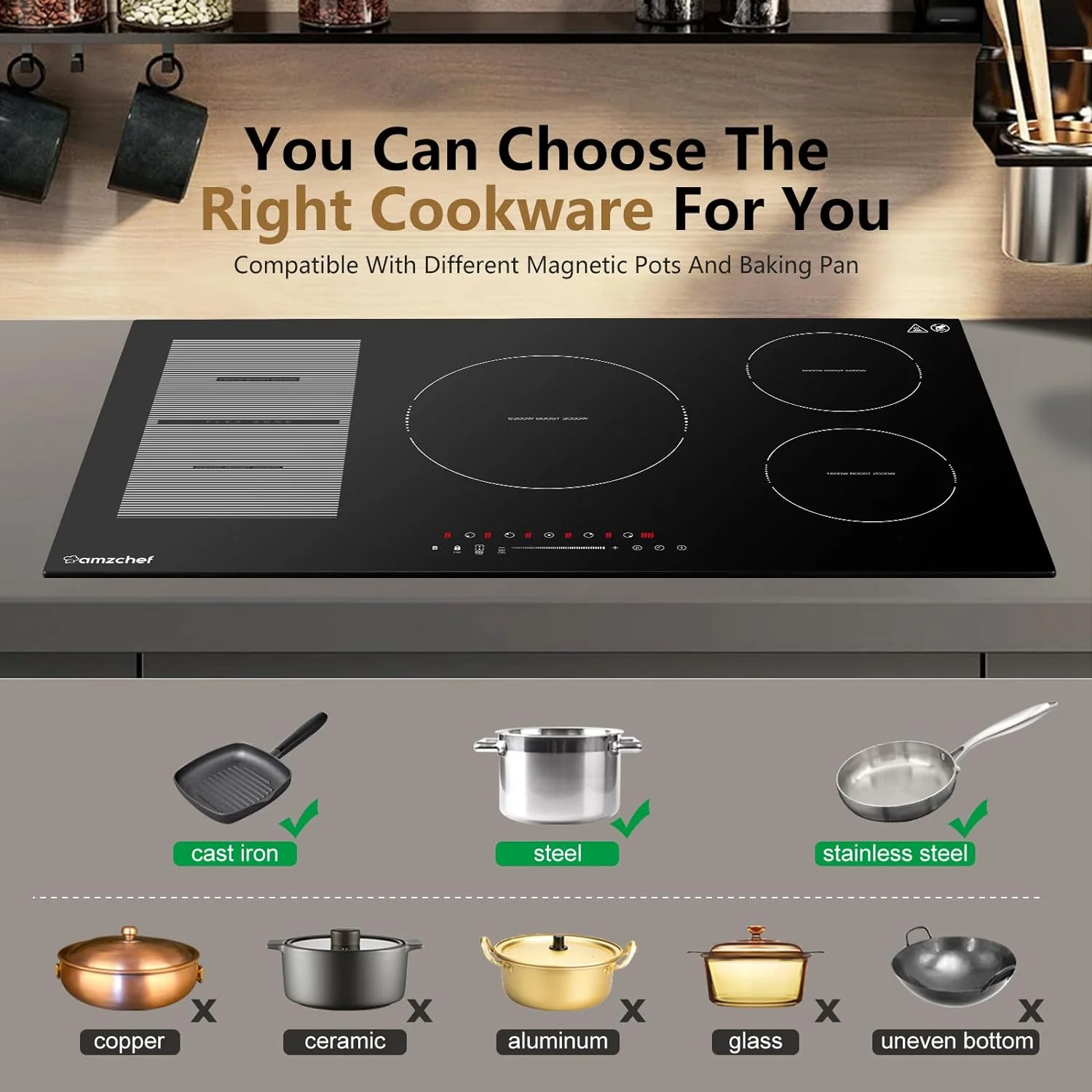 AMZCHEF 36 Inch Built-in Induction Cooktop 5 Boost Burner Including Flexi Zone 3