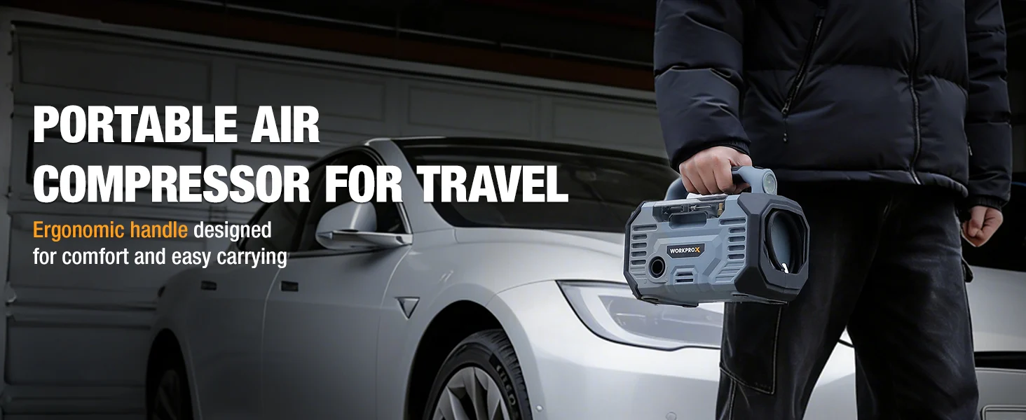 Portable air compressor for travel, innovation and quality, with a secure durable design and convenient handle