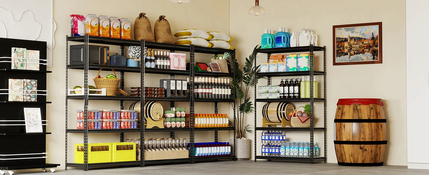 Retail shelves with jars, bottles, and boxed goods in a neatly organized store display with warm lighting