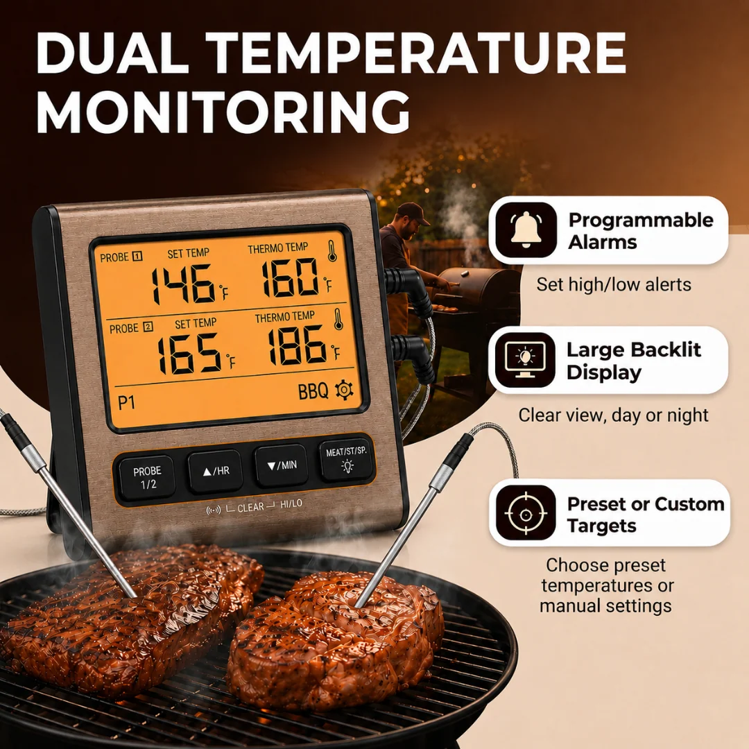 Dual Probe Digital BBQ Meat Thermometer with LCD Timer Display