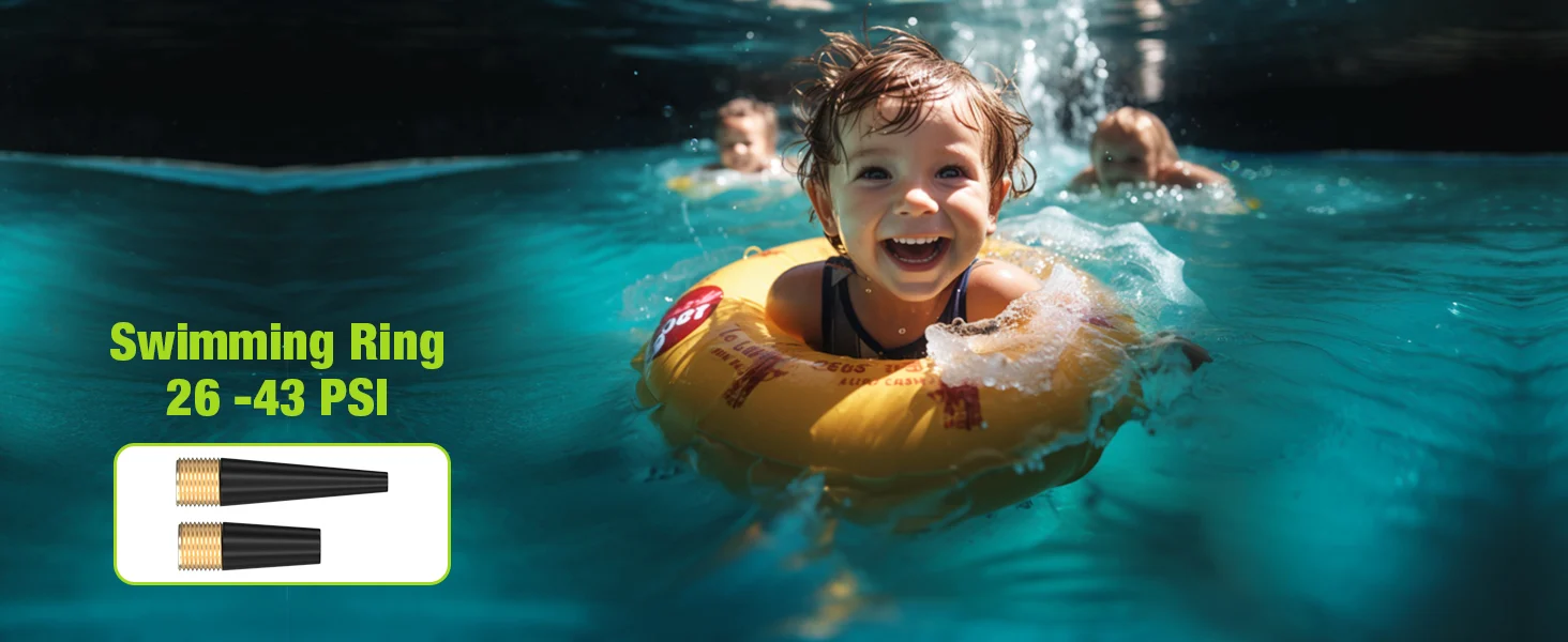 Child swimming in a pool with a yellow ring, with innovation and quality shown on the overlay