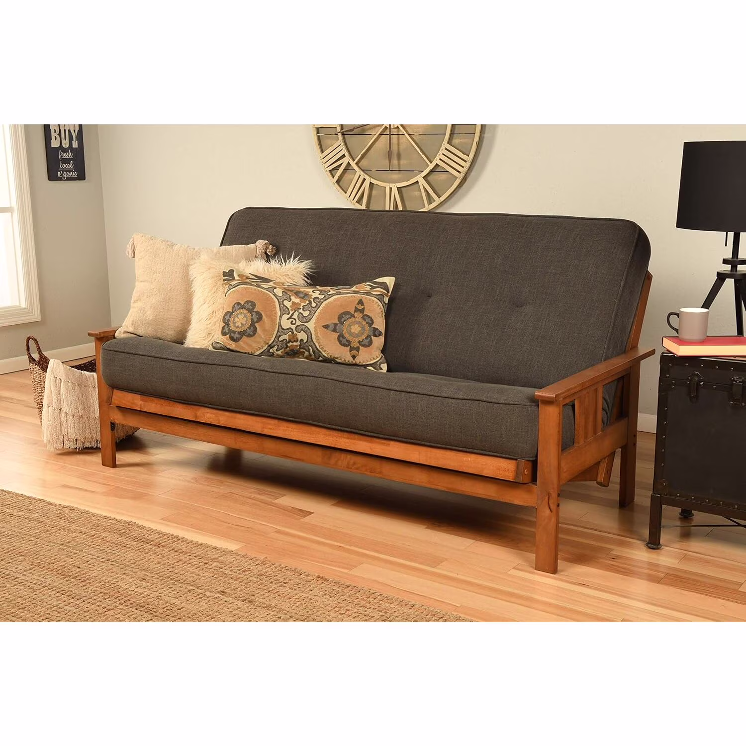 Homestock African Artifacts Full Size Futon Frame Set with Mattress, Easily Converts to Bed, Versatile Design Futon Frame for All Spaces, 33"H x 79"L x 37"D-Color:Linen Charcoal,Size:Barbados