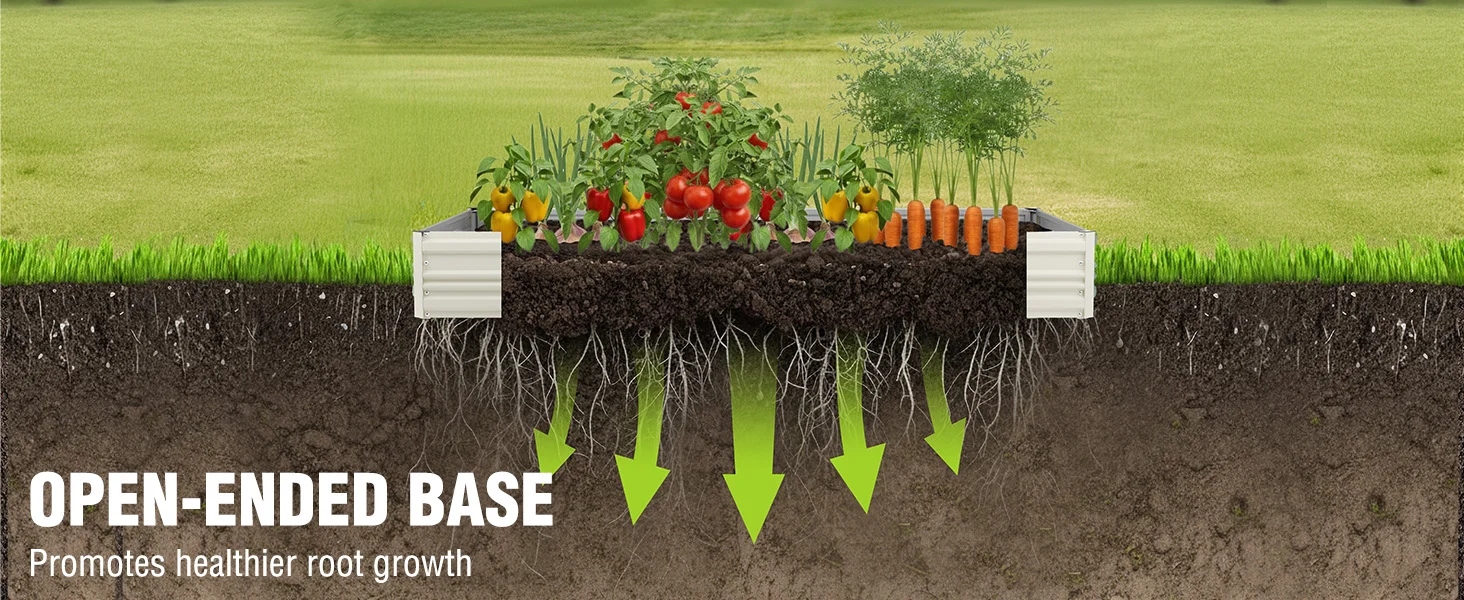 Garden soil cross section with an open embedded base, roots, and vegetables in a green field, showing innovation and quality