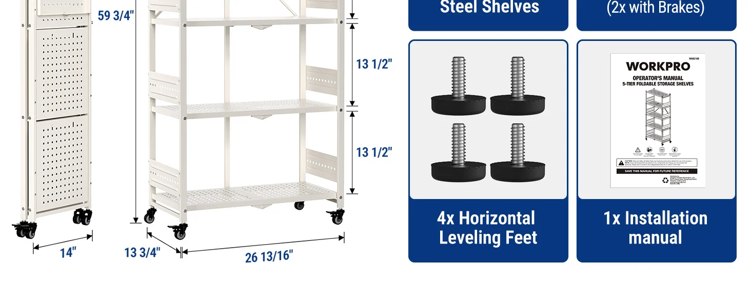 Metal storage shelf with leveling feet, shown with dimensions and a manual panel, for innovation and quality