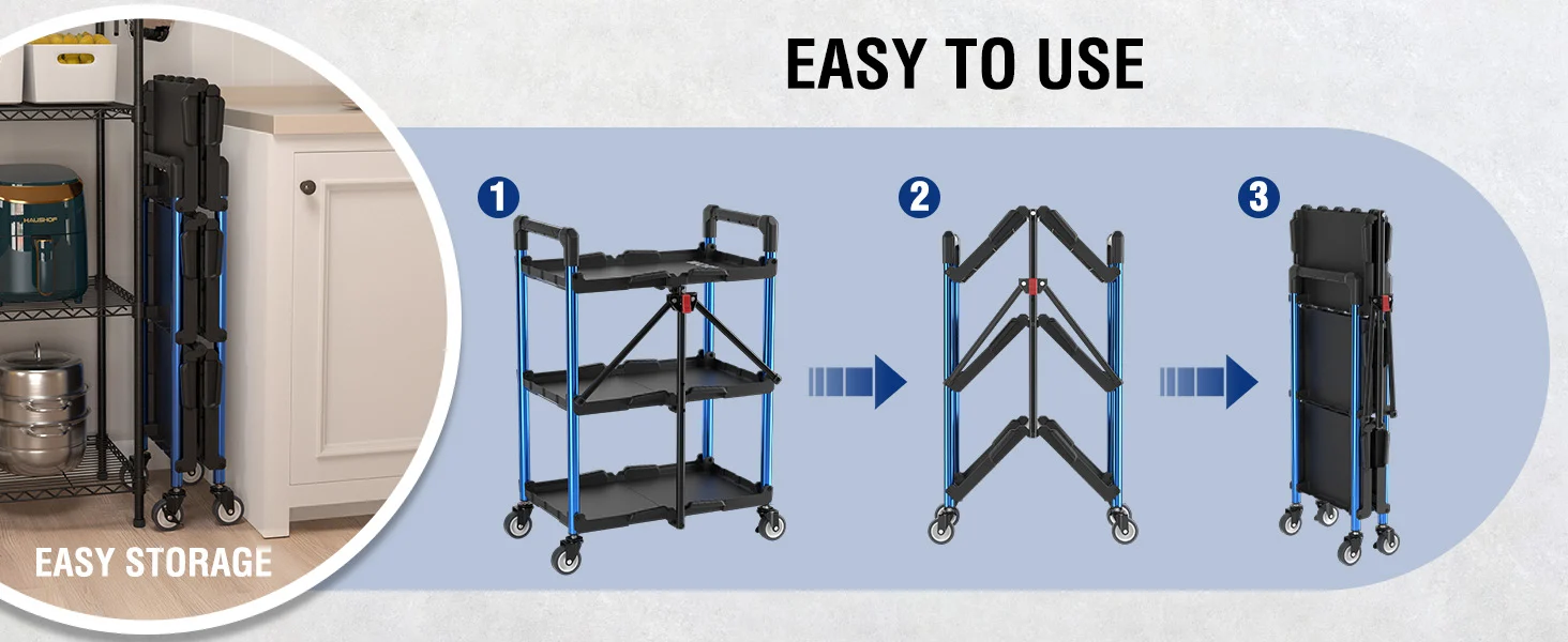 Storage cart shown in three steps, with innovation and quality, durable frame and secure wheels for convenient use