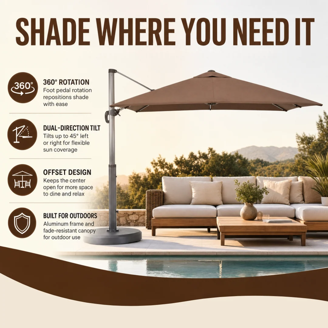 9x12 ft Rectangular Cantilever Patio Umbrella with 360° Rotation