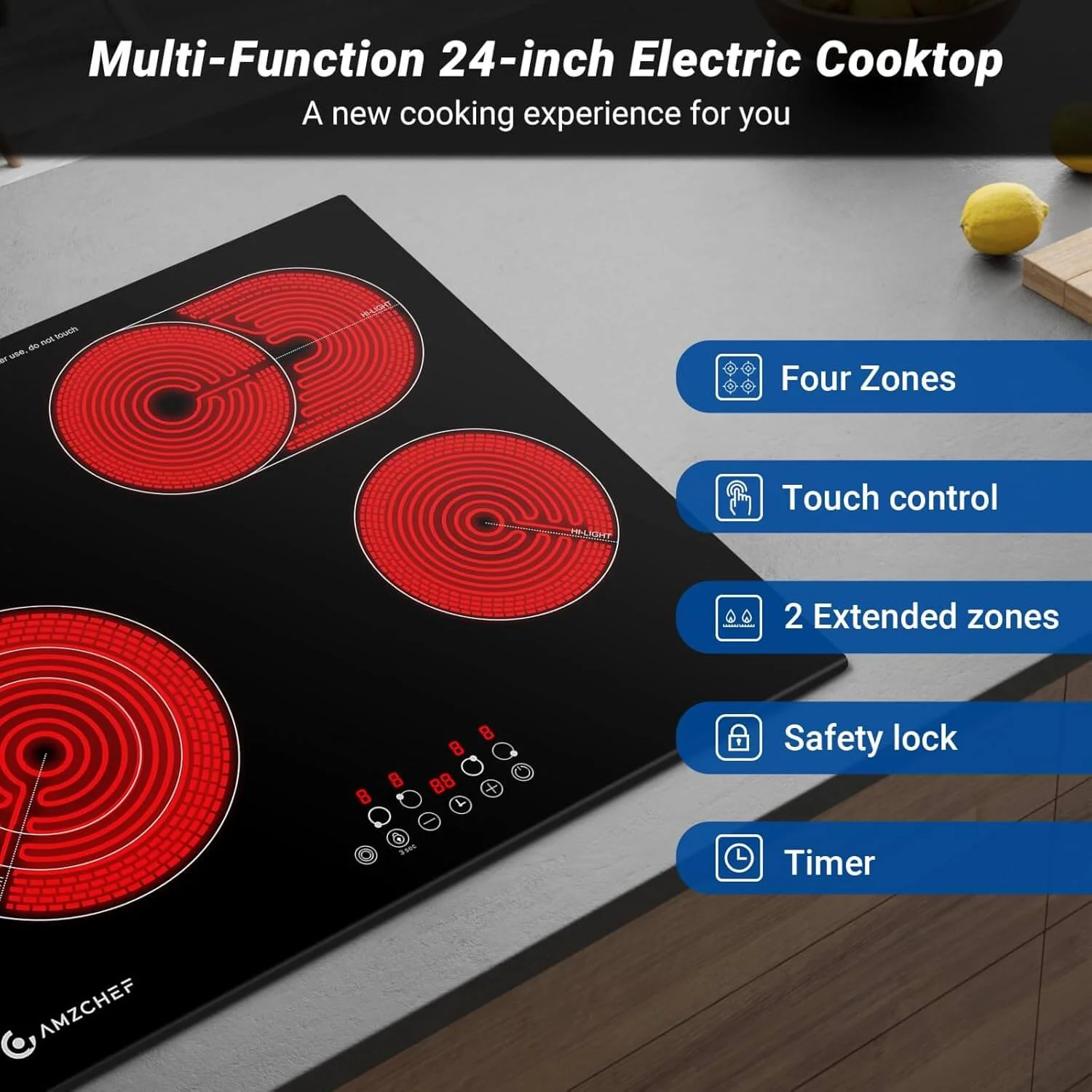 AMZCHEF Built-in Electric Ceramic Cooktop 4 High Power Burners 24 Inch 6700W 3