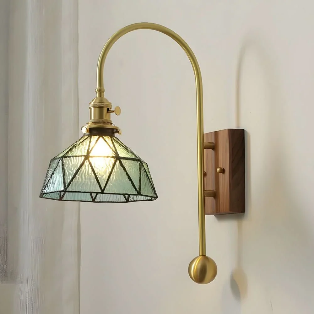 Wall Lamp Vintage Brass Diffused Glass Amber & Blue