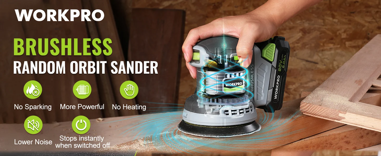 Hand holds a gray random orbit sander on wood, with innovation and quality shown in on screen text