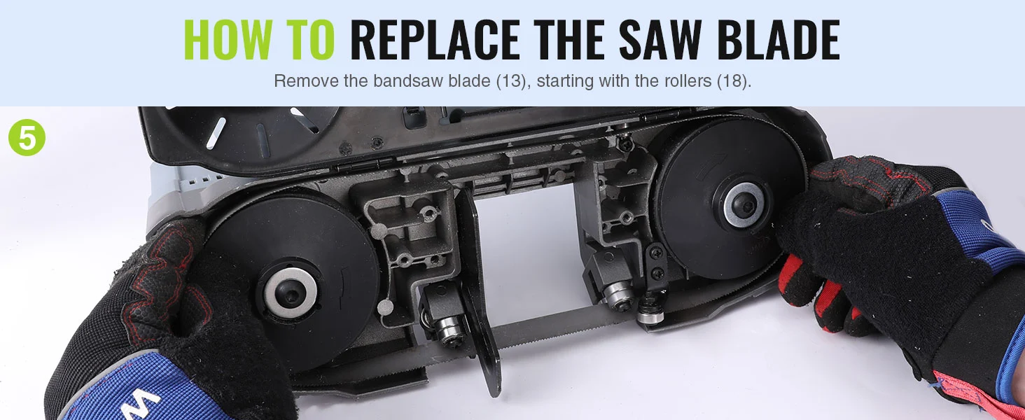 Hands wearing gloves remove a saw blade from a bandsaw, with rollers and wheels visible in a step guide