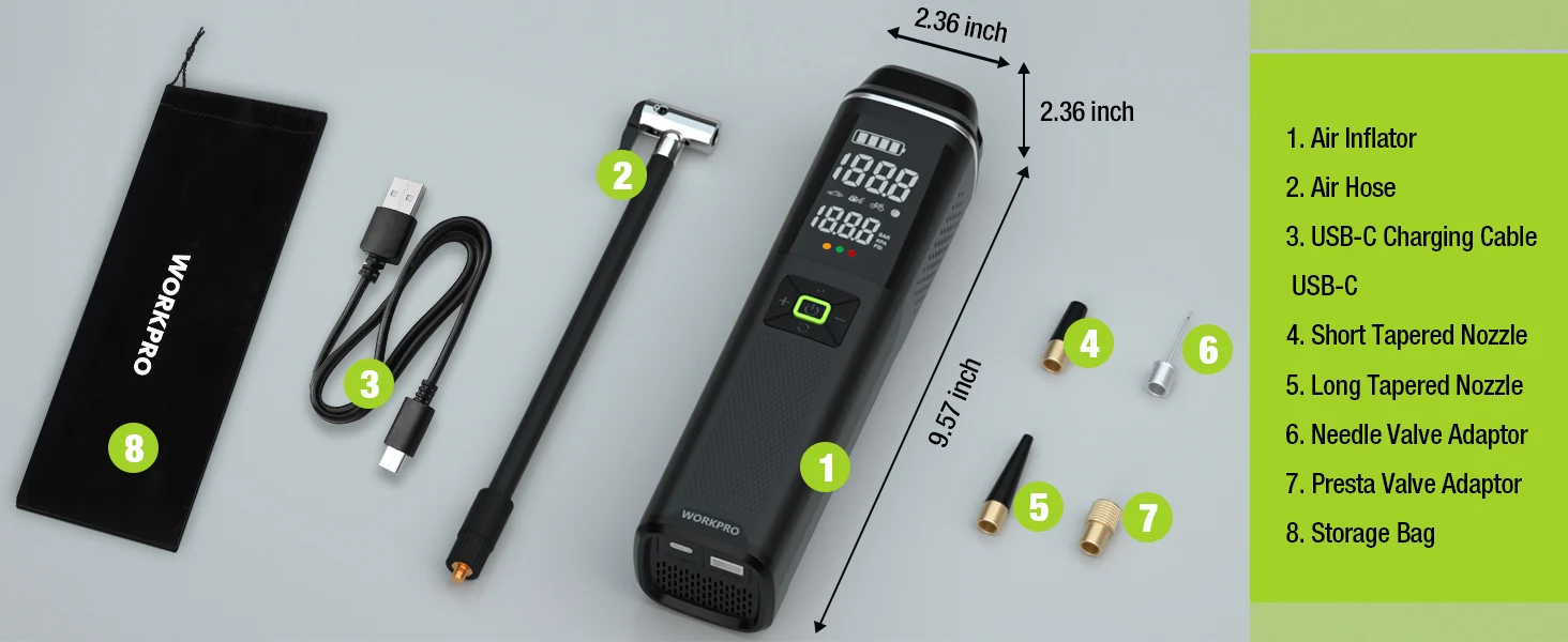 Portable air inflator with USB C charging cable, air hose, and nozzles, showing innovation and quality measurements