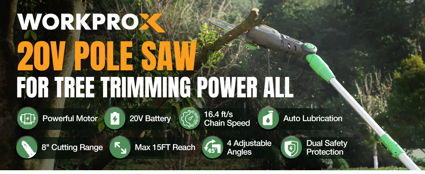 Cordless pole saw in green and gray on a tree branch with spray mist, showing innovation and quality features