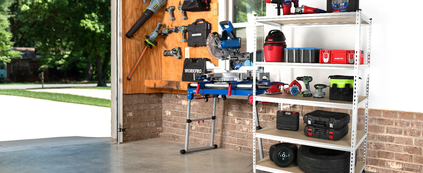 Workbench tools on a metal rack, with innovation and quality implied by organized, durable storage in a garage