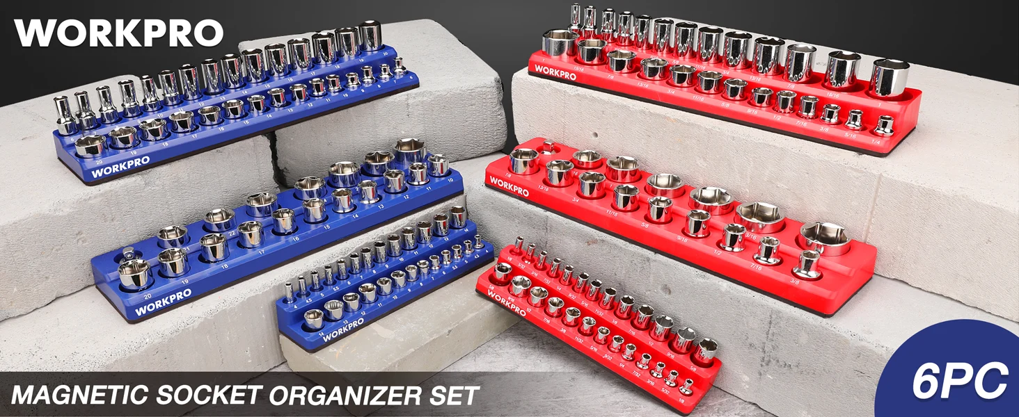 Magnetic socket organizer set with blue and red rails holding chrome sockets, showing innovation and quality