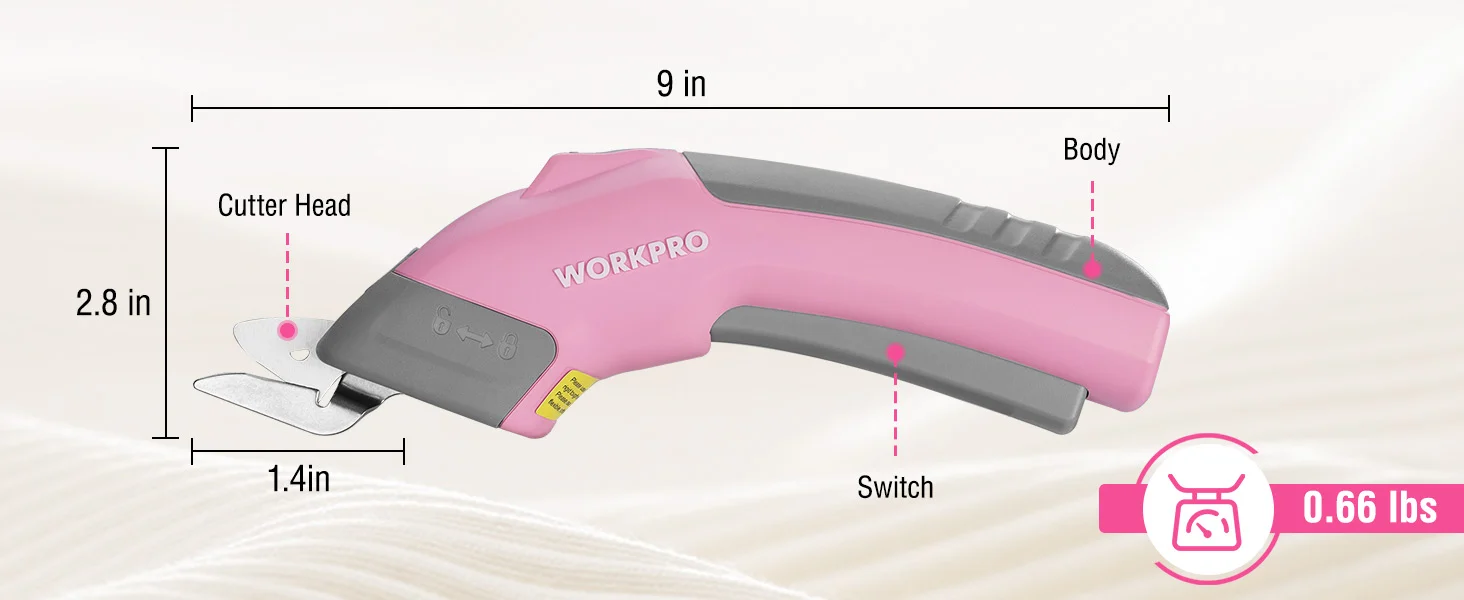 Pink and gray Workpro cutter head tool with switch, shown with size measurements and 0.66 lbs weight
