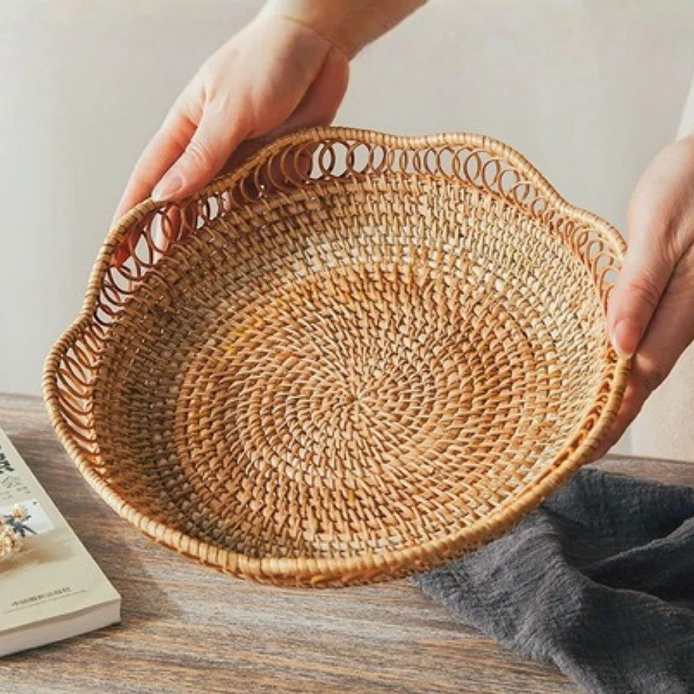Storage Basket Handwoven Rattan Floral Design - Image 2