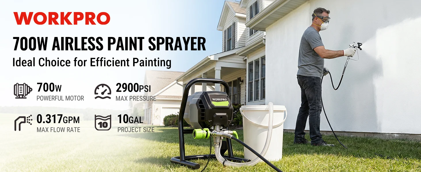 Man using an airless paint sprayer to coat a house wall, with innovation, quality, and secure durable design cues