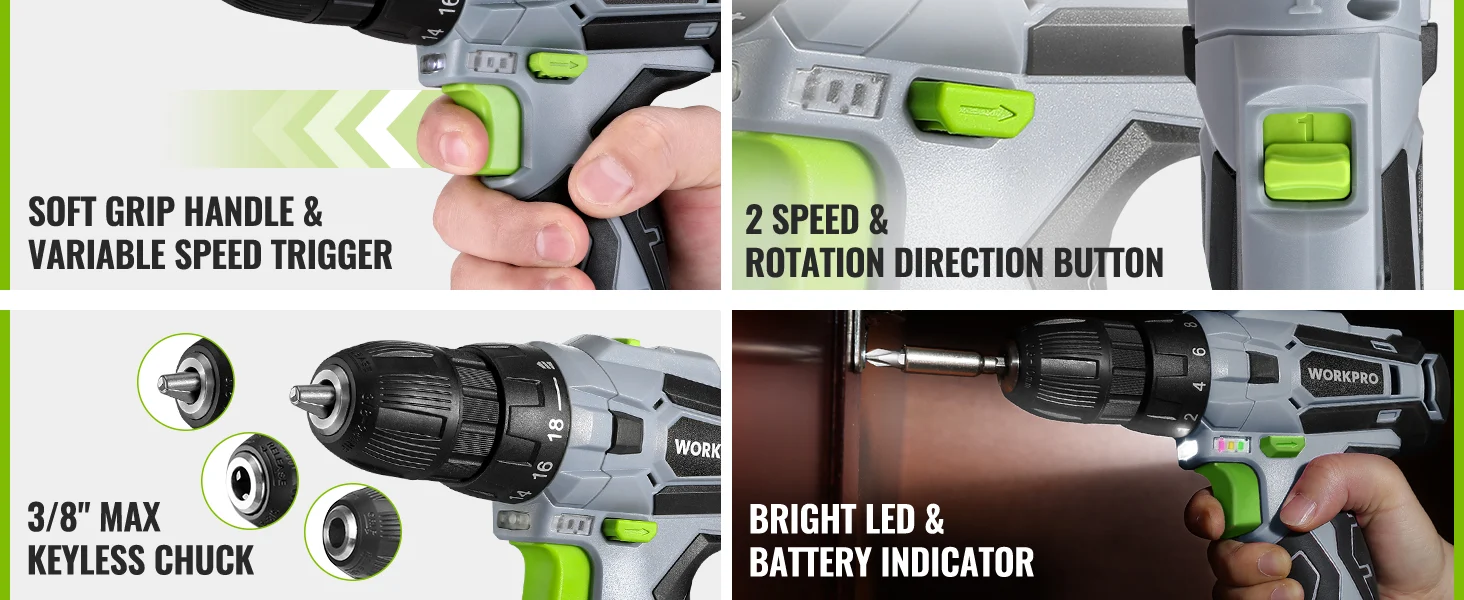 Power drill with green and gray handle, LED indicator, and keyless chuck shown in close up for innovation