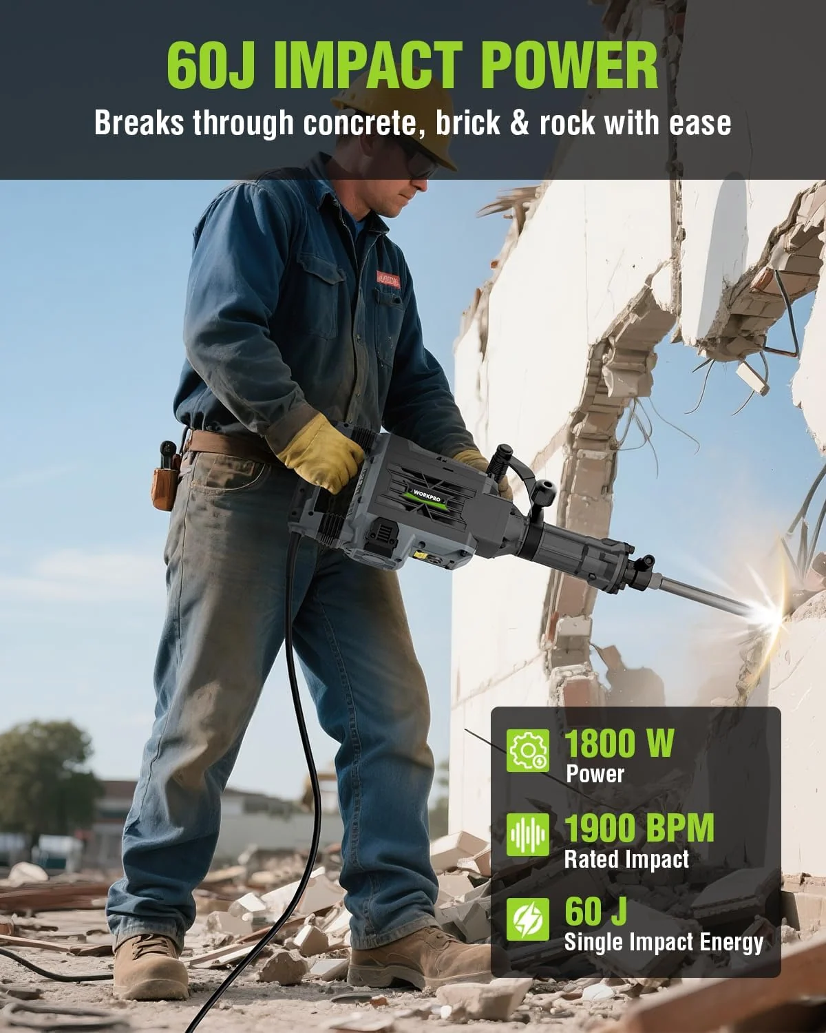 WORKPRO 60 J Demolition Jack Hammer – 15A Heavy Duty Electric Concrete Breaker, 1900 BPM Industrial Jackhammer with 2 HEX30 Chisels, UL Plug, Wheeled Carry Case for Construction & Renovation - Image 4