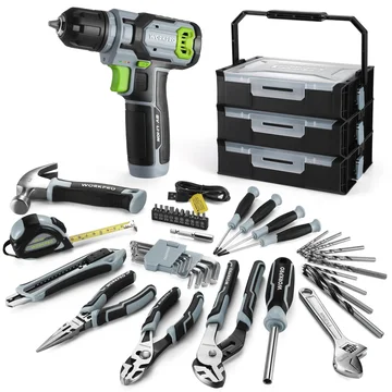 WORKPRO 43-Piece Cordless 8V Drill Driver Home Tool Set with Stackable Tool Box, Grey