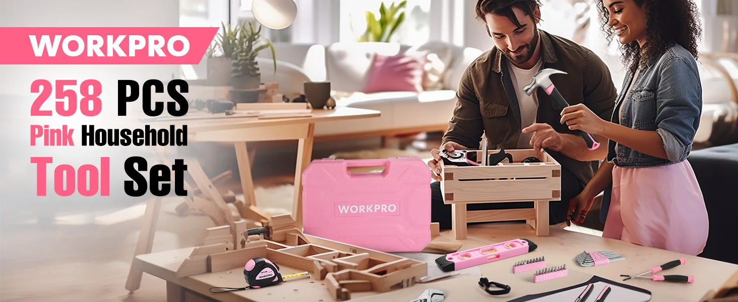 People assembling a pink tool set from a wooden case with tools laid out on a living room table