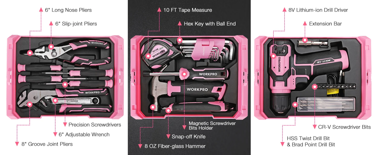 Tool kit case with labeled pliers, screwdrivers, drill driver, tape measure, and hammer showing innovation and quality