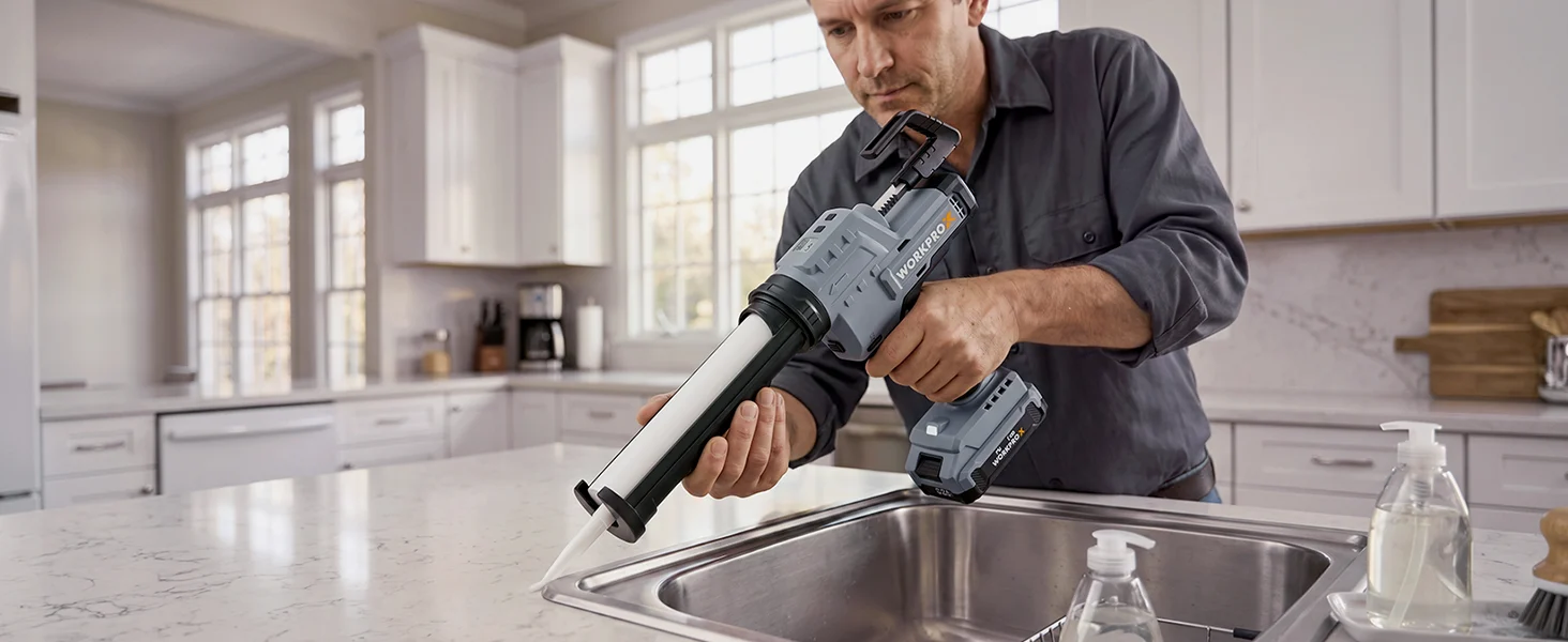 Worker using a handheld power tool to clean a stainless sink in a bright kitchen, innovation and quality