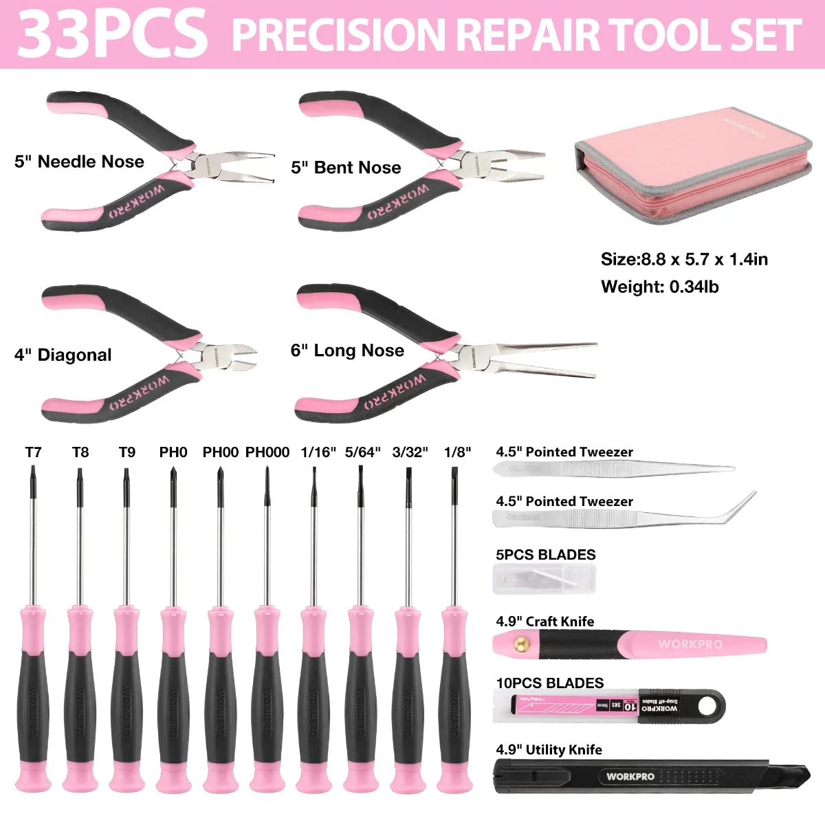 WORKPRO 33 Pcs Precision Repair Tool Set Includes Pliers Set - Pink Ribbon - Image 3