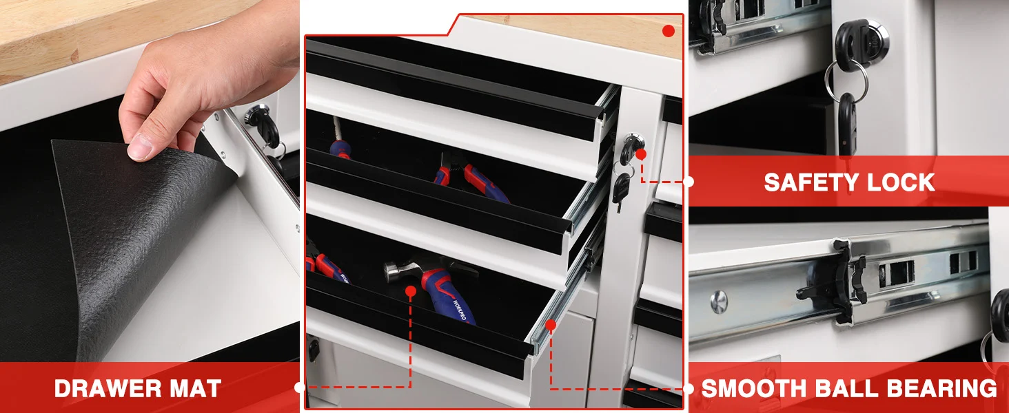 Tool drawer with drawer mat, smooth ball bearing slides, and safety lock, showing innovation and quality construction