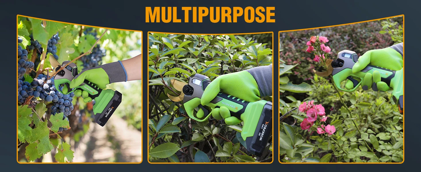 Gloved hands using a green pruning tool in a vineyard, showing innovation and quality in outdoor work