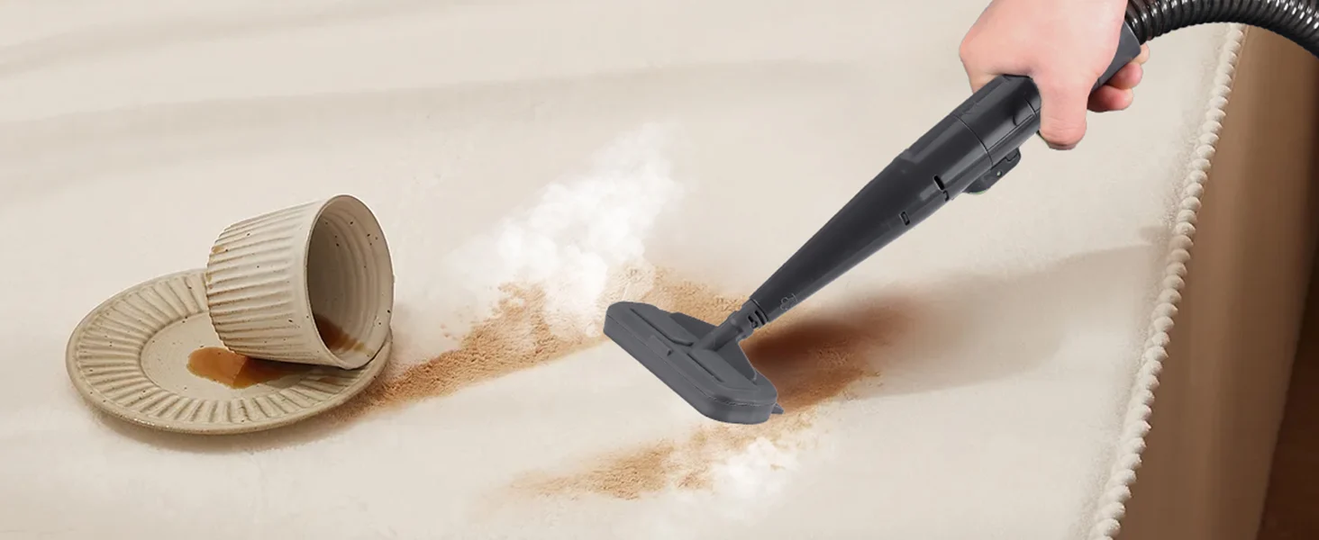 Hand holds a handheld vacuum nozzle cleaning beige carpet with visible dust and debris, showing innovation and quality