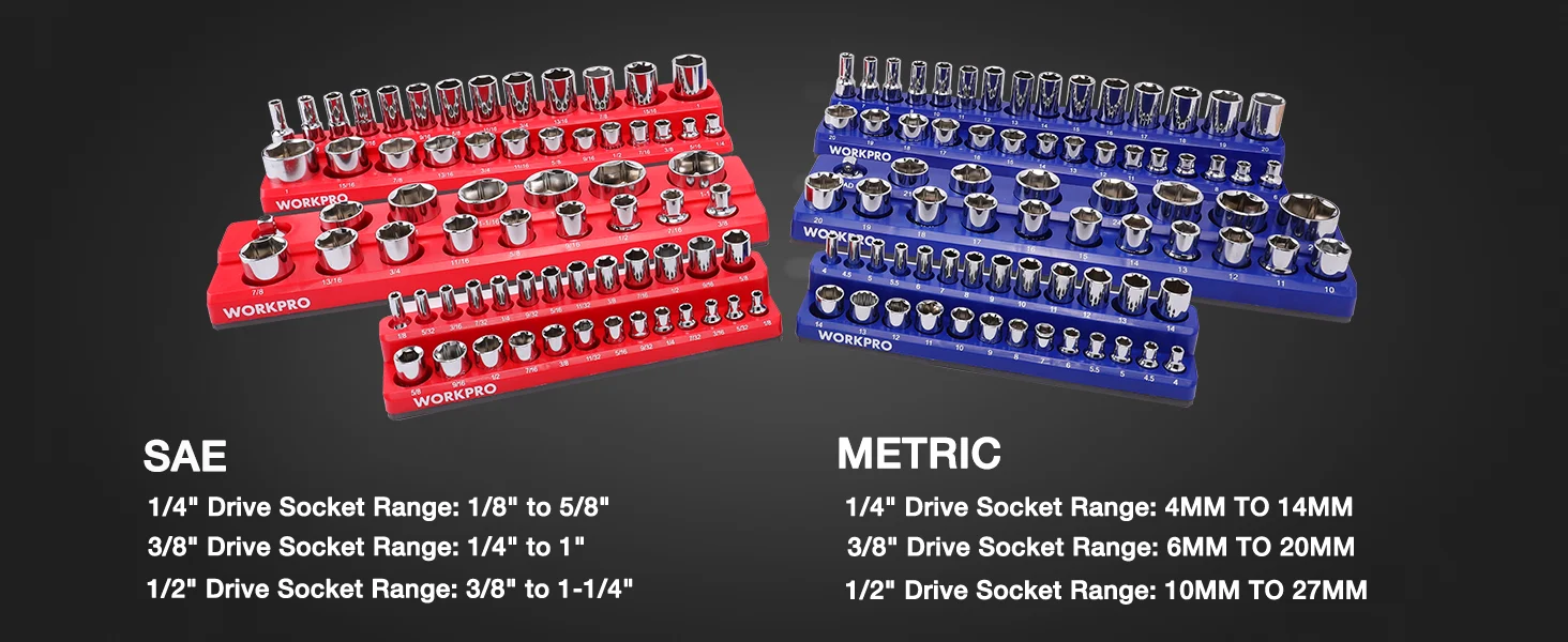 Tool socket set with red and blue trays, showing innovation and quality, with durable chrome sockets